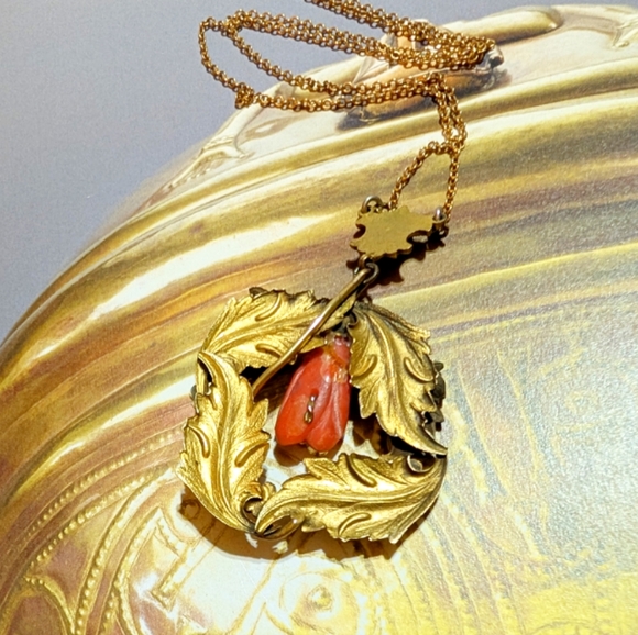 Art Nouveau Era Carved Coral Lavaliere Necklace ~ Antique - Picture 5 of 7